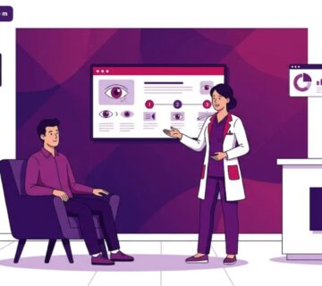 رسم توضيحي يظهر طبيب يشرح تفاصيل تجربتي مع تغيير لون العين في تركيا لمريض داخل عيادة فاخرة 