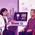رسم توضيحي لعيادة طبية فاخرة يظهر فيها طبيب يشرح خطوات تجميل الاسنان في تركيا لمريض
