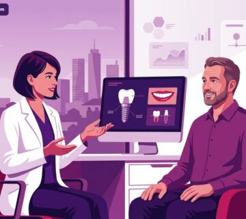 رسم توضيحي لعيادة طبية فاخرة يظهر فيها طبيب يشرح خطوات تجميل الاسنان في تركيا لمريض