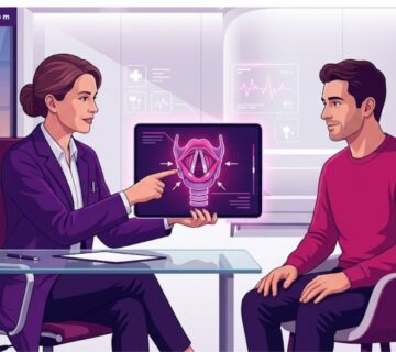 رسم توضيحي عصري لطبيب يشرح خطوات عملية تضخيم الصوت في تركيا لمريض داخل عيادة فاخرة 