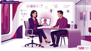 رسم توضيحي فني يظهر طبيباً يشرح للمريض كيف تتم عملية تجميل الصوت داخل عيادة فاخرة بألوان أرجوانية حديثة 