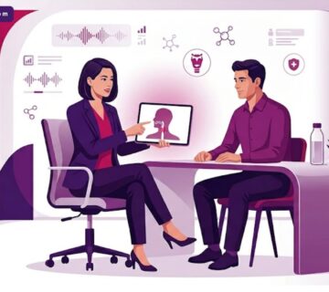 رسم توضيحي فني يظهر طبيباً يشرح للمريض كيف تتم عملية تجميل الصوت داخل عيادة فاخرة بألوان أرجوانية حديثة 