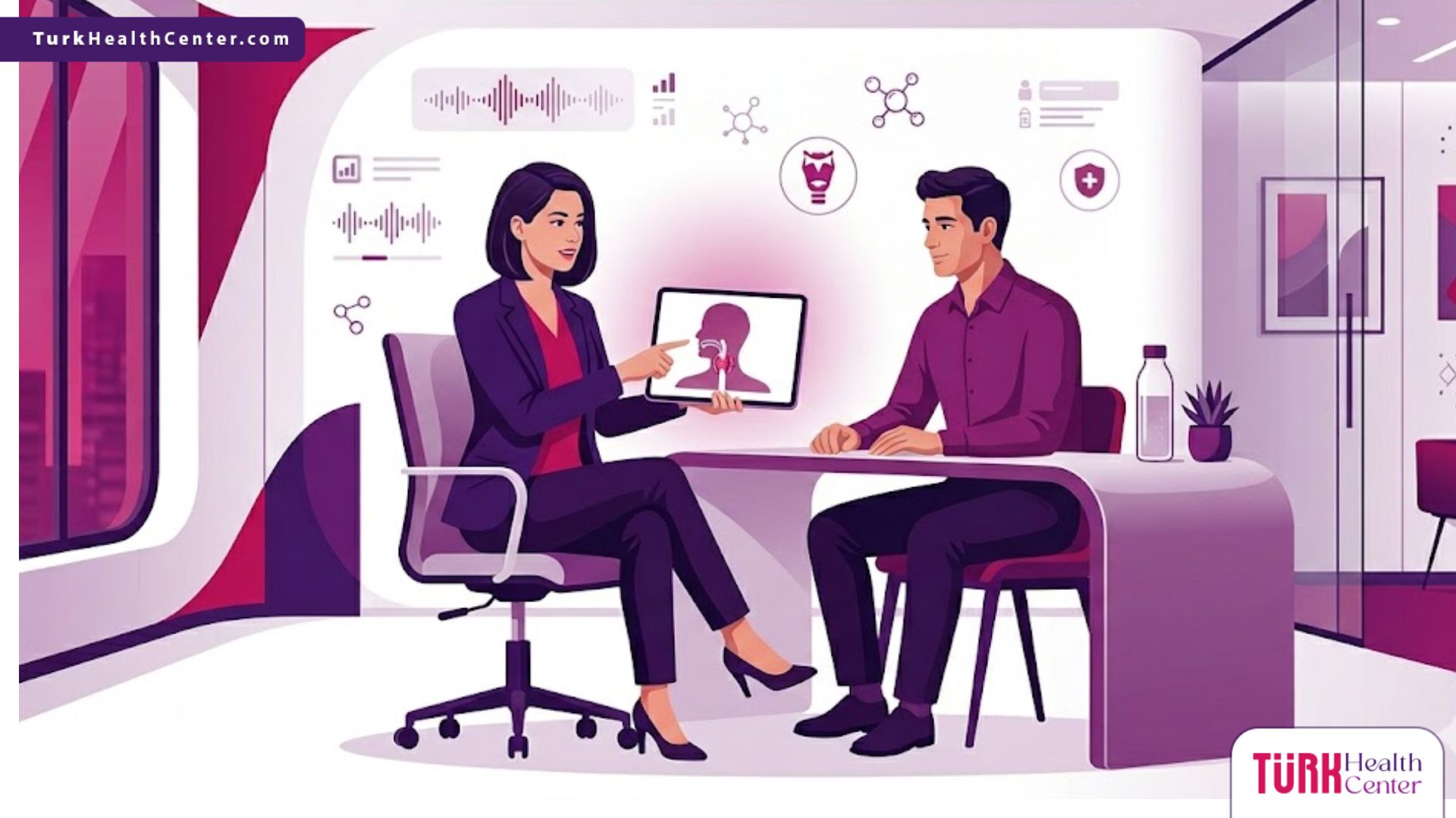 رسم توضيحي فني يظهر طبيباً يشرح للمريض كيف تتم عملية تجميل الصوت داخل عيادة فاخرة بألوان أرجوانية حديثة 
