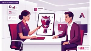 رسوم توضيحية لعيادة طبية حديثة يشرح فيها الطبيب إجراءات عمليات تجميل الصوت في تركيا للمريض 