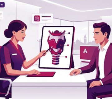 رسوم توضيحية لعيادة طبية حديثة يشرح فيها الطبيب إجراءات عمليات تجميل الصوت في تركيا للمريض 