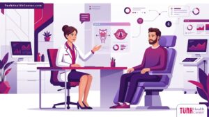 رسم توضيحي يظهر طبيب يشرح تجارب عملية تخشين الصوت لمريض داخل عيادة طبية حديثة فاخرة 