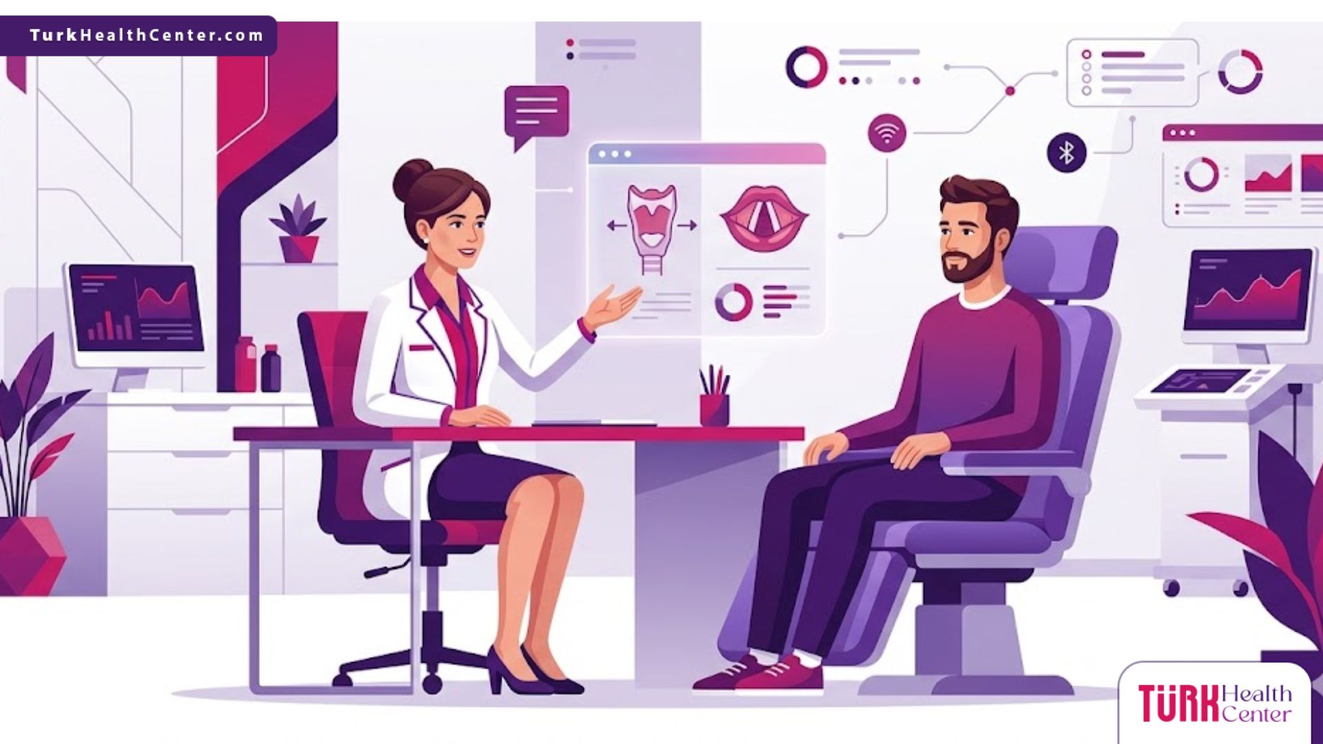 رسم توضيحي يظهر طبيب يشرح تجارب عملية تخشين الصوت لمريض داخل عيادة طبية حديثة فاخرة 