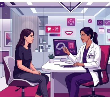 رسوم توضيحية لعيادة أسنان حديثة تشرح اسعار التقويم الشفاف الانفزلاين للمرضى بأسلوب راقٍ 