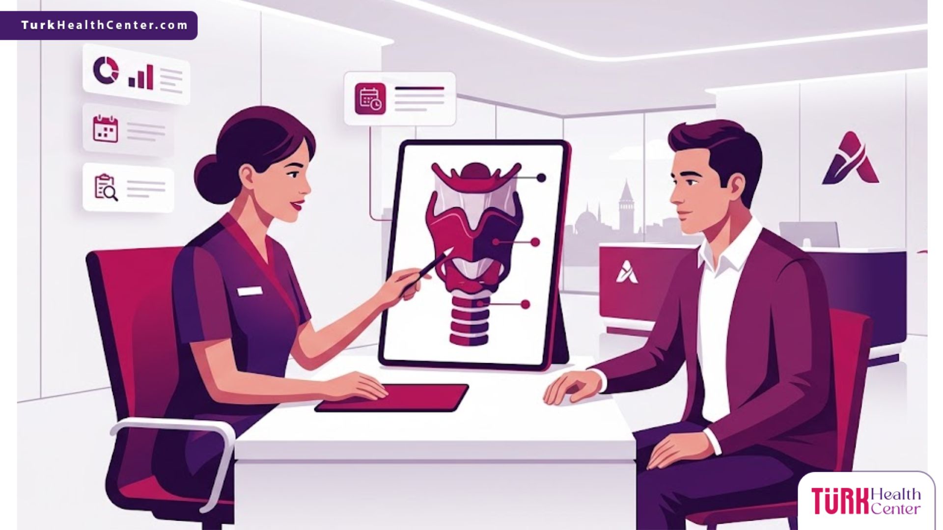 رسوم توضيحية لعيادة طبية حديثة يشرح فيها الطبيب إجراءات عمليات تجميل الصوت في تركيا للمريض 