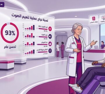 رسم توضيحي يظهر طبيب يشرح نسبة نجاح عملية تنعيم الصوت لمريضة في عيادة فاخرة 