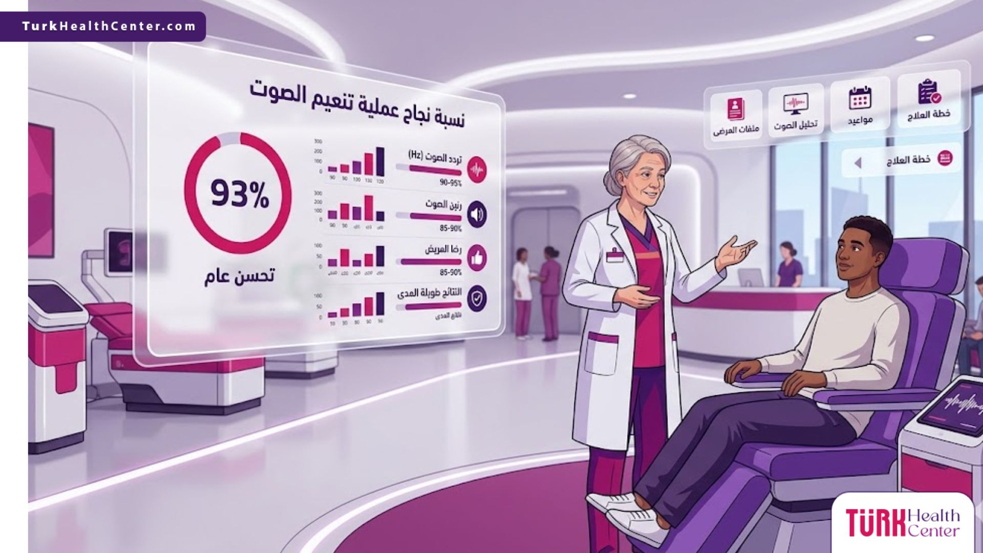 رسم توضيحي يظهر طبيب يشرح نسبة نجاح عملية تنعيم الصوت لمريضة في عيادة فاخرة 