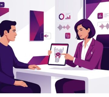 رسوم توضيحية فاخرة لطبيب يشرح تفاصيل جراحة تأنيث الصوت في تركيا لمريضة داخل عيادة حديثة 