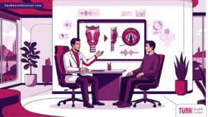 رسم توضيحي حديث يظهر طبيباً يشرح عملية تجميل الصوت للرجال في تركيا لمريض داخل عيادة فاخرة 