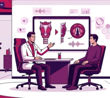 رسم توضيحي حديث يظهر طبيباً يشرح عملية تجميل الصوت للرجال في تركيا لمريض داخل عيادة فاخرة 