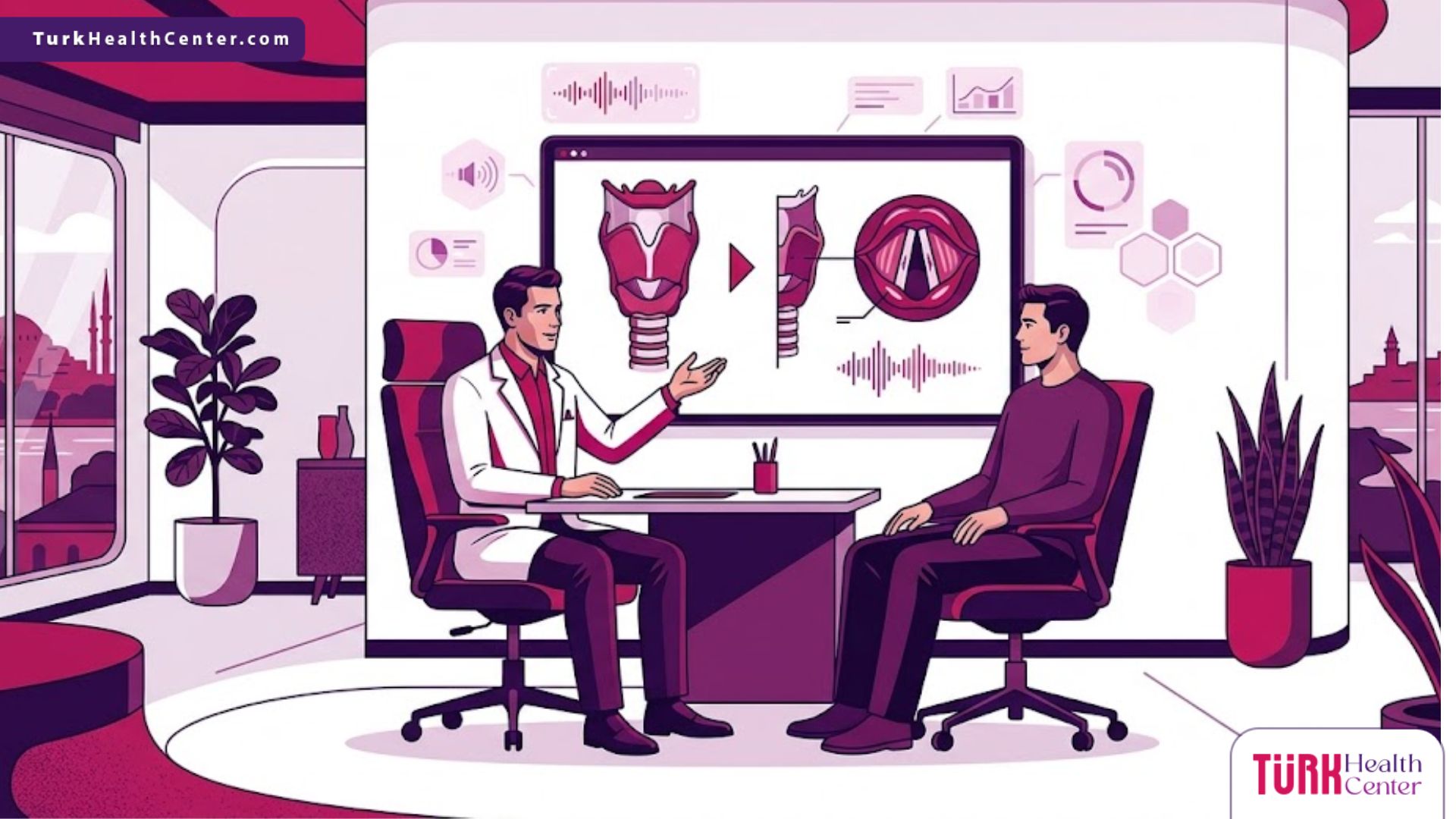 رسم توضيحي حديث يظهر طبيباً يشرح عملية تجميل الصوت للرجال في تركيا لمريض داخل عيادة فاخرة 