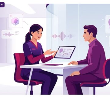رسم توضيحي يظهر طبيب يشرح تقنيات كيف أجعل صوتي ناعم لمريضة داخل عيادة فاخرة بألوان البنفسجي والمجنتيا 