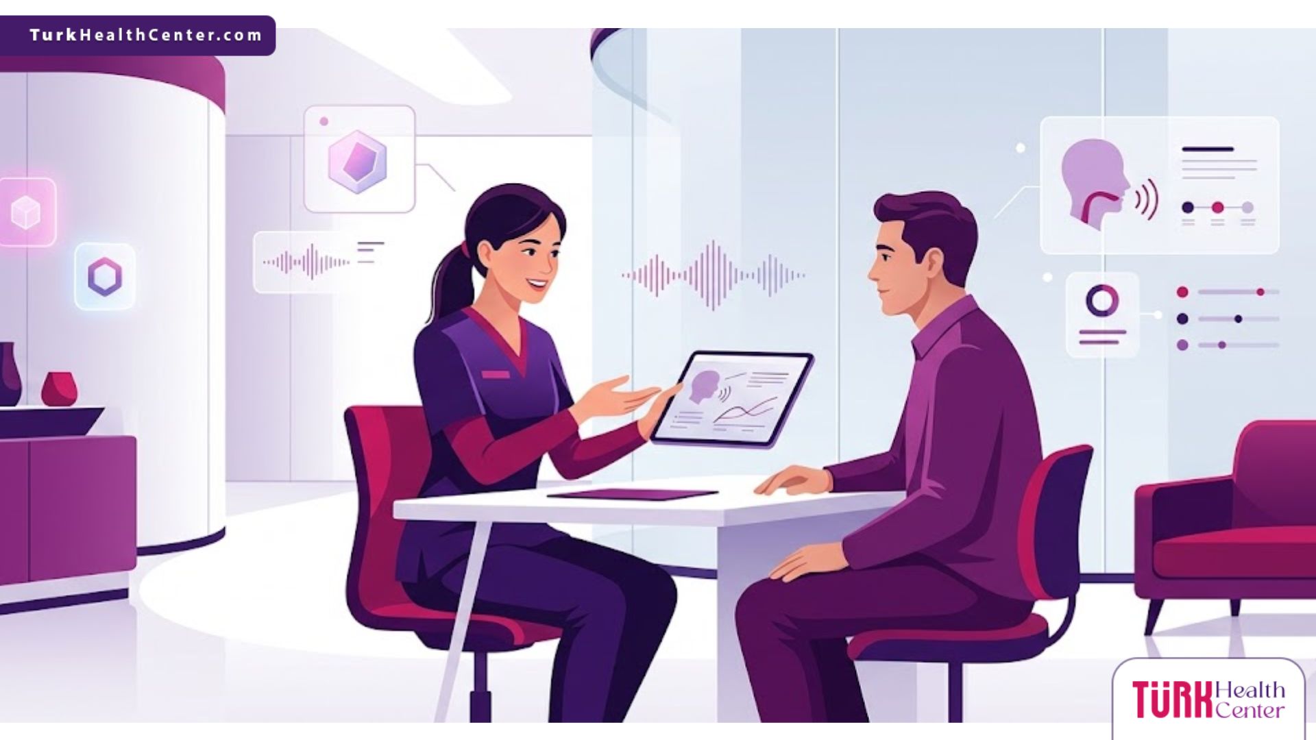 رسم توضيحي يظهر طبيب يشرح تقنيات كيف أجعل صوتي ناعم لمريضة داخل عيادة فاخرة بألوان البنفسجي والمجنتيا 
