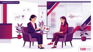 رسم توضيحي يظهر طبيبًا يشرح تقنيات علاج الصوت الطفولي في تركيا داخل عيادة فاخرة بأسلوب فيكتور عصري 