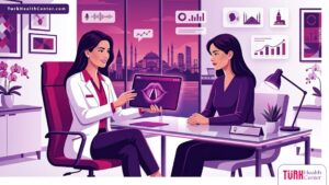 رسوم توضيحية لعيادة حديثة تشرح تقنيات تجميل الصوت للنساء في تركيا بأسلوب فني راقٍ 