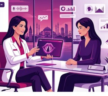 رسوم توضيحية لعيادة حديثة تشرح تقنيات تجميل الصوت للنساء في تركيا بأسلوب فني راقٍ 