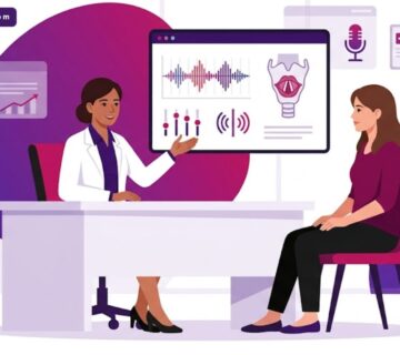 رسم توضيحي لعيادة طبية حديثة يشرح فيها الطبيب تفاصيل تجميل الصوت للمتحولين جنسيا للمريض 