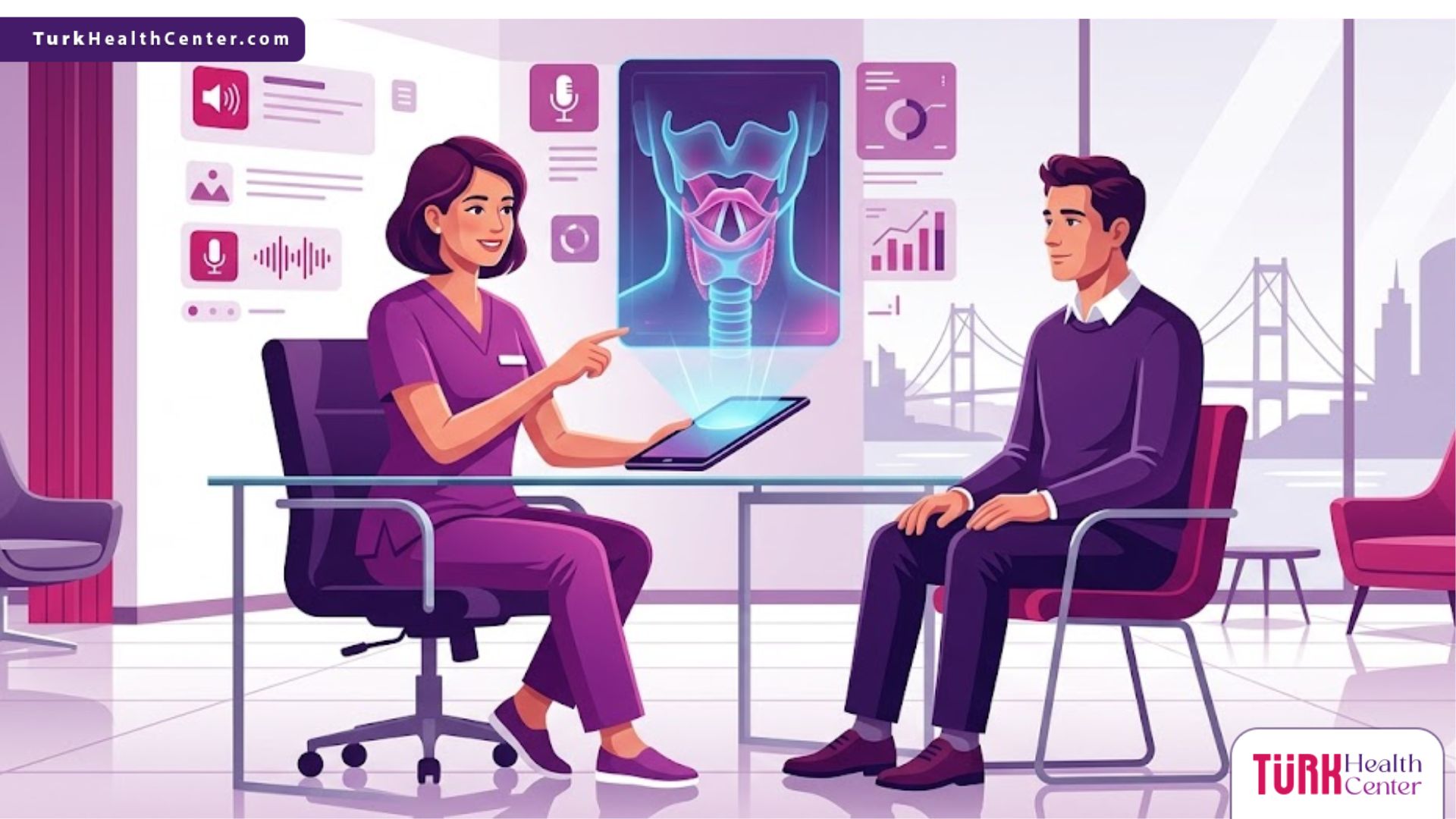 رسوم توضيحية عصرية لطبيب يشرح خطوات عمليات تغيير الصوت في تركيا للمريض داخل عيادة فاخرة