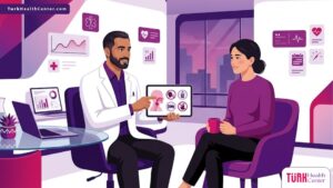 رسم توضيحي للطبيب يشرح للمريض قائمة الممنوعات بعد عملية الحبال الصوتية في عيادة حديثة 