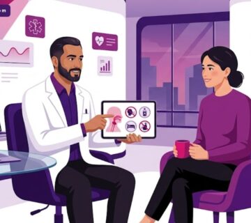 رسم توضيحي للطبيب يشرح للمريض قائمة الممنوعات بعد عملية الحبال الصوتية في عيادة حديثة 