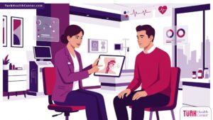رسوم توضيحية لعيادة حديثة تشرح خطوات تجميل الاحبال الصوتية في تركيا للمريض 