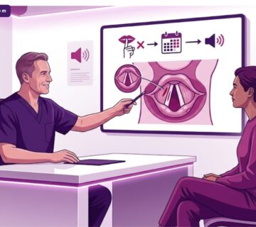 رسم توضيحي طبي حديث يشرح تعليمات متى يمكن الكلام بعد جراحة الصوت داخل عيادة متطورة 