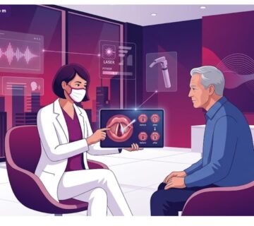 رسم توضيحي يظهر طبيب يشرح تفاصيل عملية الحبال الصوتية بالليزر لمريض داخل عيادة حديثة 
