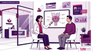 رسم توضيحي يظهر طبيباً يشرح لمريض مدى سهولة الإجراء وهل عملية تجميل الصوت مؤلمة في عيادة حديثة 