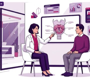 رسم توضيحي يظهر طبيباً يشرح لمريض مدى سهولة الإجراء وهل عملية تجميل الصوت مؤلمة في عيادة حديثة 