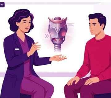 رسم توضيحي عصري يظهر طبيب يشرح تفاصيل عملية ترفيع الصوت في تركيا لمريض داخل عيادة فاخرة 