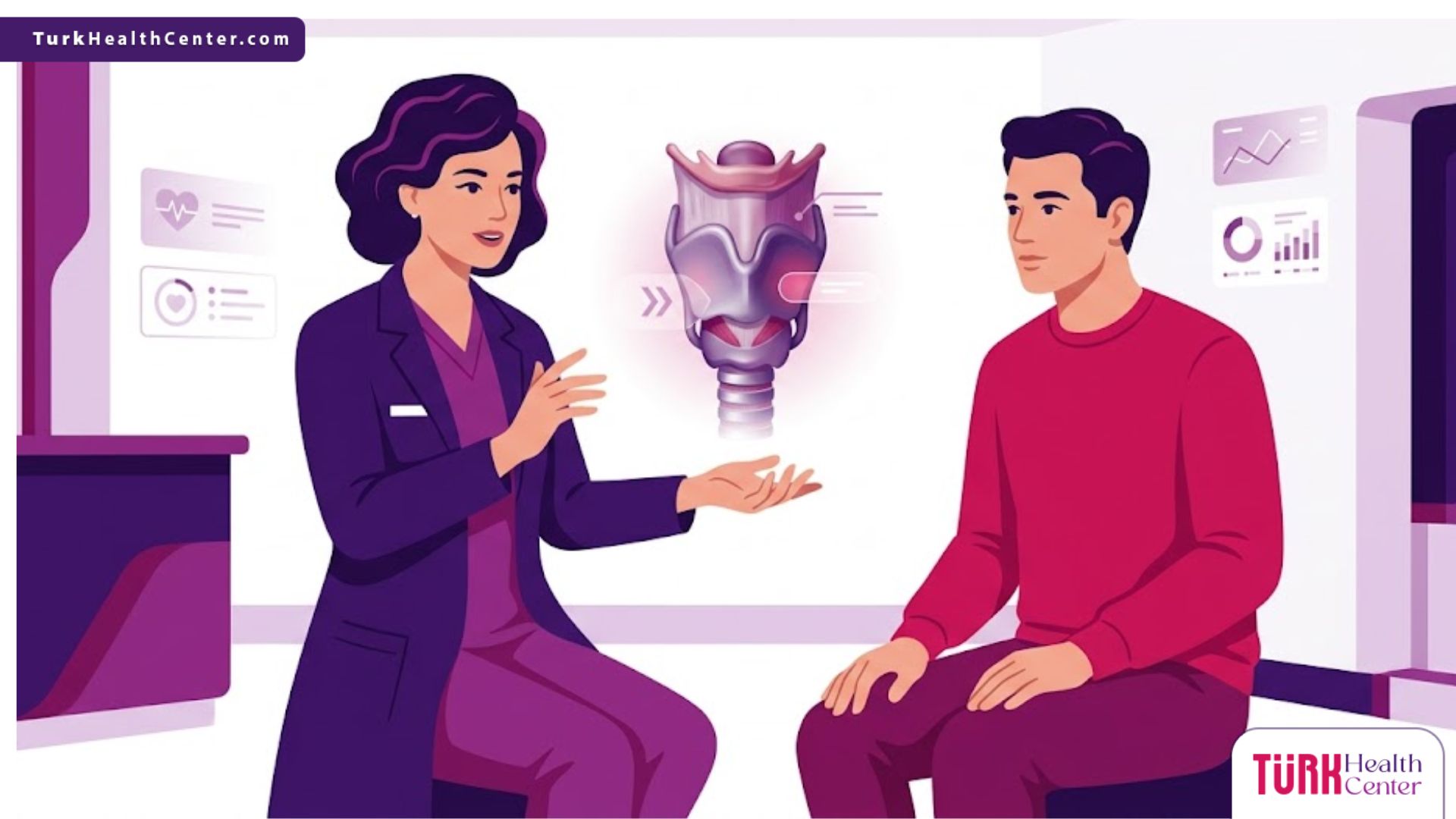 رسم توضيحي عصري يظهر طبيب يشرح تفاصيل عملية ترفيع الصوت في تركيا لمريض داخل عيادة فاخرة 