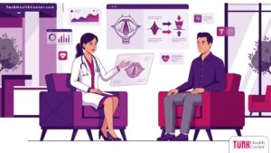 توضيح فيكتور لطبيب يشرح خطوات جراحة خفض طبقة الصوت في تركيا لمريض داخل عيادة فاخرة 