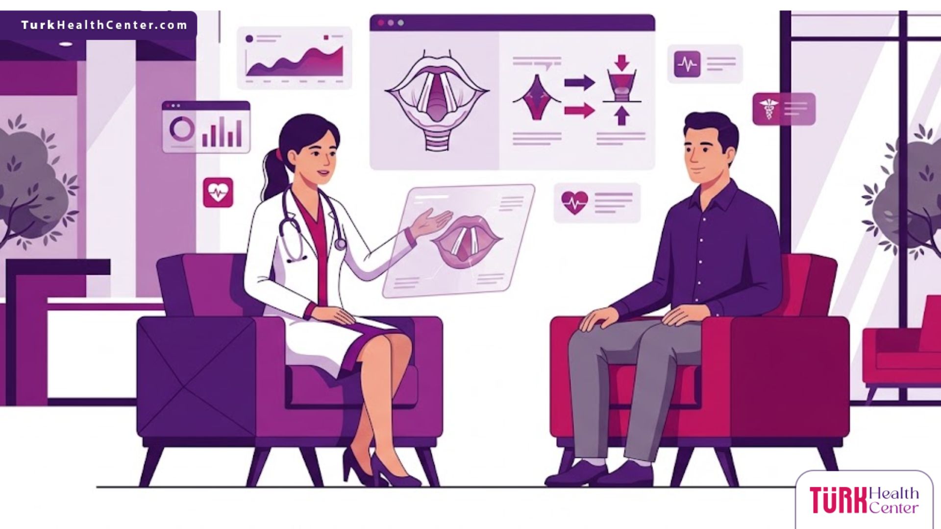 توضيح فيكتور لطبيب يشرح خطوات جراحة خفض طبقة الصوت في تركيا لمريض داخل عيادة فاخرة 