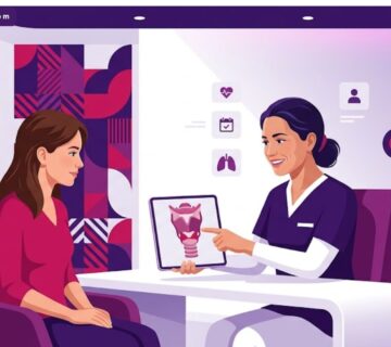 رسم توضيحي لطبيب يشرح تقنيات علاج خشونة الصوت في تركيا للمريض داخل عيادة متطورة 