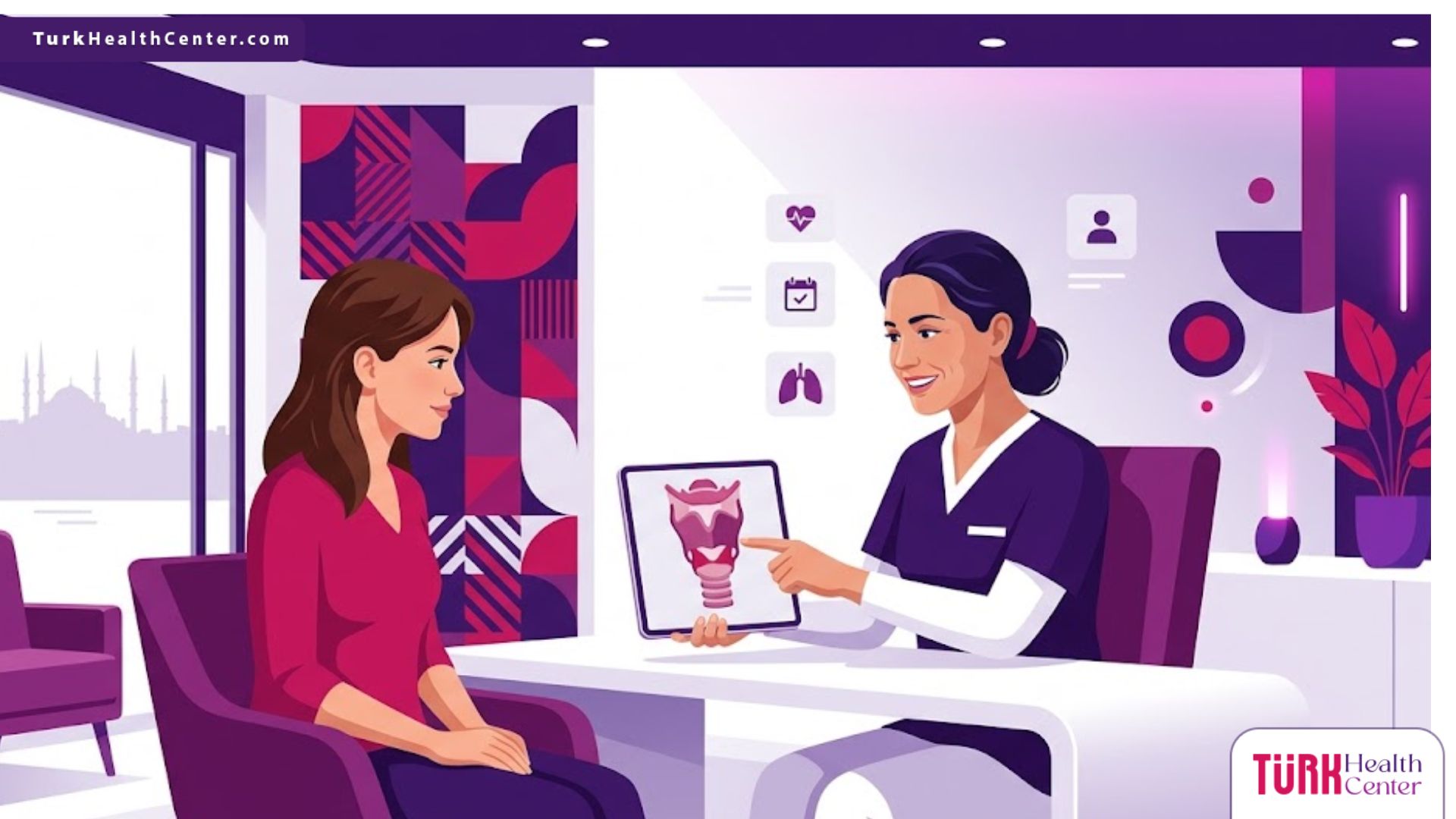 رسم توضيحي لطبيب يشرح تقنيات علاج خشونة الصوت في تركيا للمريض داخل عيادة متطورة 
