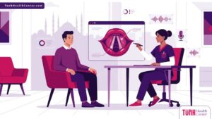 رسوم توضيحية حديثة لطبيب يشرح تفاصيل عملية تجميل الصوت في تركيا لمريض في عيادة فاخرة 