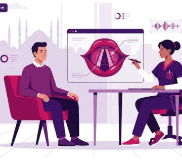 رسوم توضيحية حديثة لطبيب يشرح تفاصيل عملية تجميل الصوت في تركيا لمريض في عيادة فاخرة 