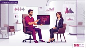 رسم توضيحي يظهر طبيباً يشرح خطوات العملية في أفضل عيادة لتجميل الصوت في تركيا 