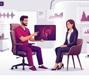 رسم توضيحي يظهر طبيباً يشرح خطوات العملية في أفضل عيادة لتجميل الصوت في تركيا 