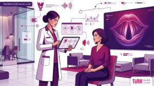 رسوم توضيحية لعيادة طبية متطورة تشرح عملية تجميل الصوت جراحيا في تركيا للمرضى 