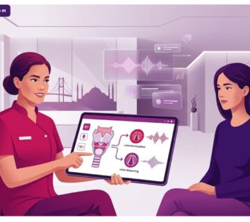 رسم توضيحي يظهر استشارة طبية لعمليات الصوت التجميلية في تركيا داخل عيادة فاخرة بألوان البنفسجي والمجنتيا 