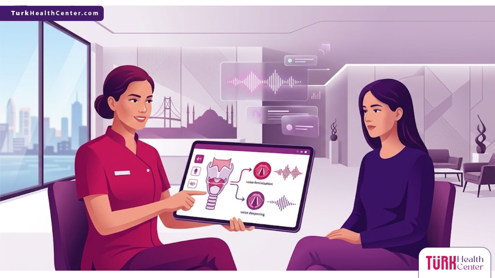 رسم توضيحي يظهر استشارة طبية لعمليات الصوت التجميلية في تركيا داخل عيادة فاخرة بألوان البنفسجي والمجنتيا 