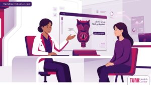 رسوم توضيحية حديثة لعيادة طبية تشرح تفاصيل جراحة تعديل الحنجرة في تركيا للمريض بأسلوب احترافي 