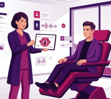 رسم توضيحي عصري لطبيب يشرح تقنيات تجميل الصوت للمغنين في تركيا داخل عيادة فاخرة 