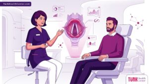 رسم توضيحي يظهر طبيب يشرح تفاصيل تجربتي مع عملية تنعيم الصوت لمريضة في عيادة فاخرة 