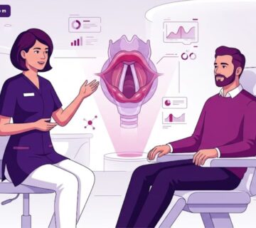 رسم توضيحي يظهر طبيب يشرح تفاصيل تجربتي مع عملية تنعيم الصوت لمريضة في عيادة فاخرة 